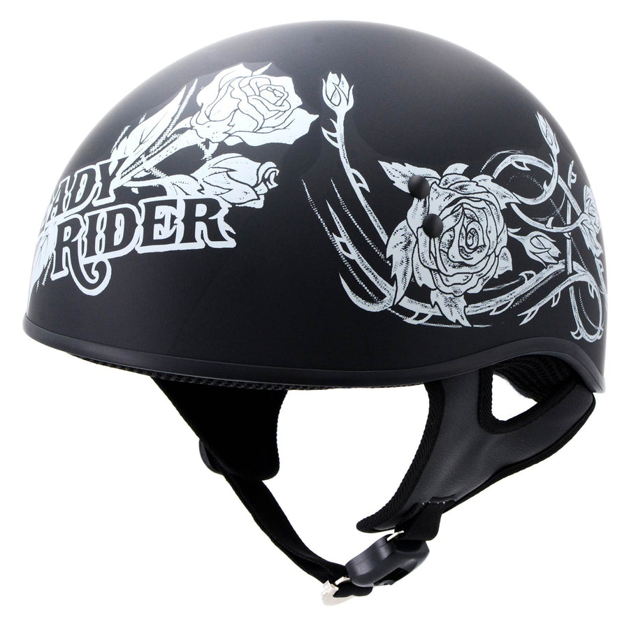 Hot Leathers HLD1021 'Lady Rider' Flat Black Motorcycle DOT Approved Skull Cap Half Biker Helmet
