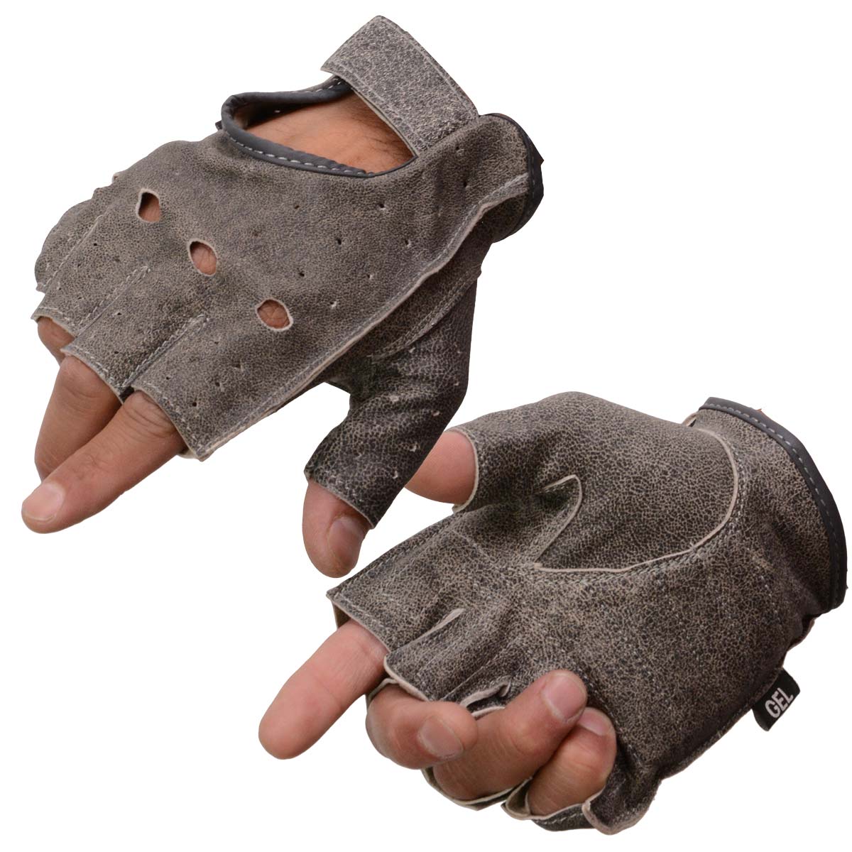 Milwaukee Leather MG7557 Men's Fingerless Distressed Gray Leather Gloves with Gel Padded Palm