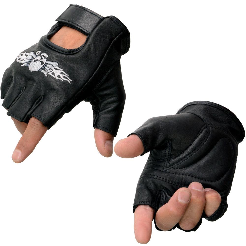 Milwaukee Leather SH353 Men's 'Skull and Bones' Black Leather Fingerless Gloves