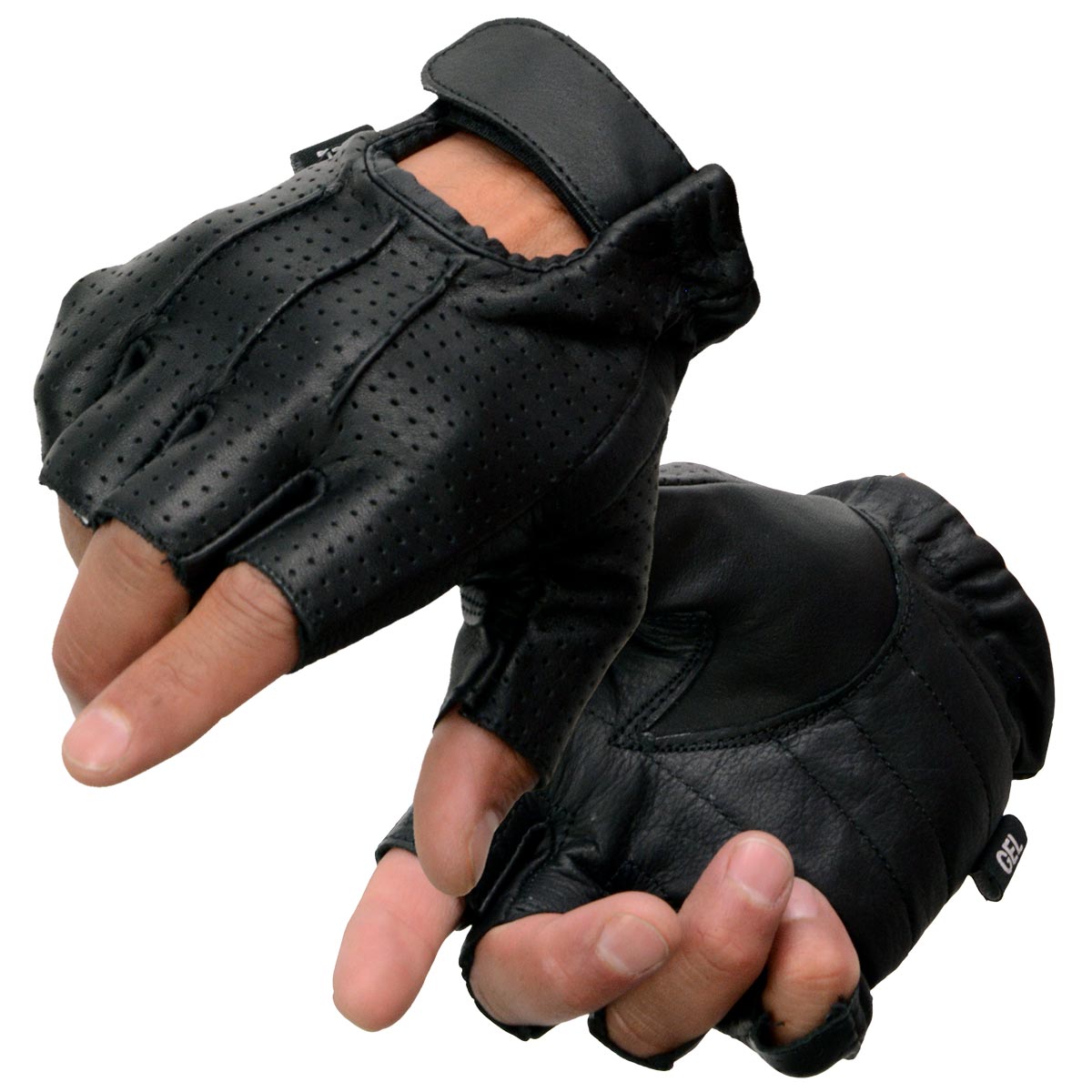 Milwaukee Leather SH357 Men's Black Perforated Leather Fingerless Gloves with Gel Palm