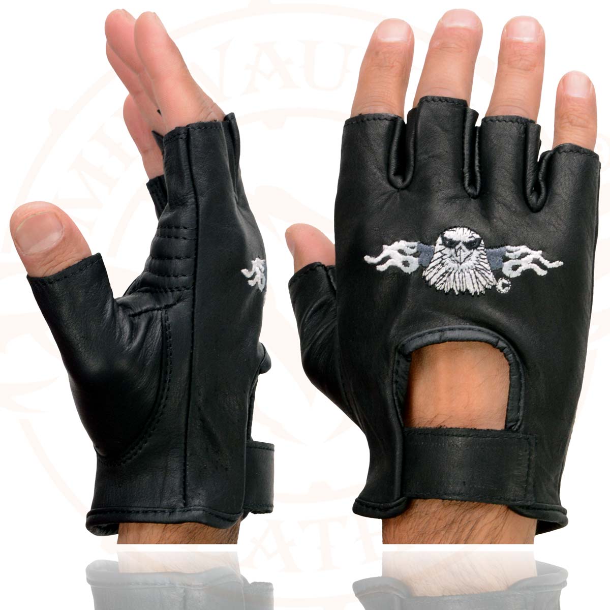Milwaukee Leather SH352 Men's Black Leather Gel Padded Palm Fingerless Motorcycle Hand Gloves W/ ‘Embroidered Flaming Eagle’
