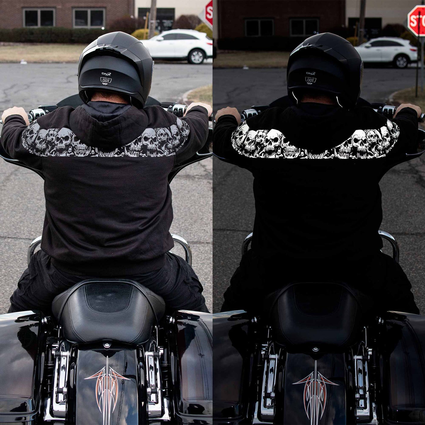 MMCC Men’s Bare Bones Hoodie – Reflective Skull Graphics Front & Back, Full Zip, 100 % Cotton, MPM1681