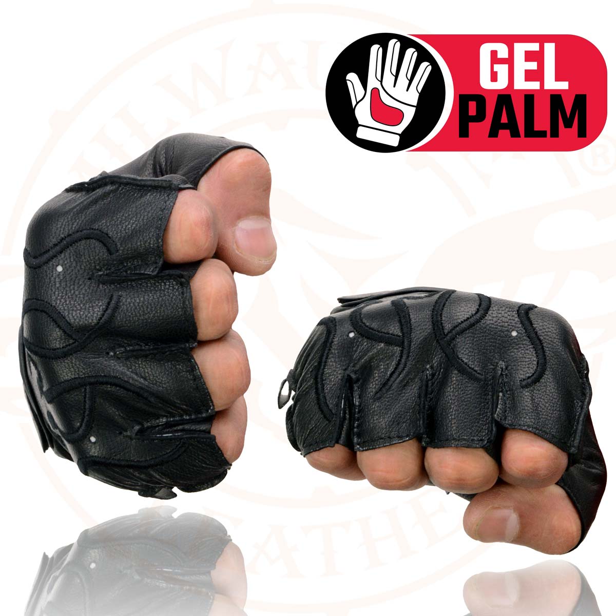 Milwaukee Leather SH198 Men's Black Leather Gel Padded Palm Fingerless Motorcycle Gloves w/ Flame Embroidery