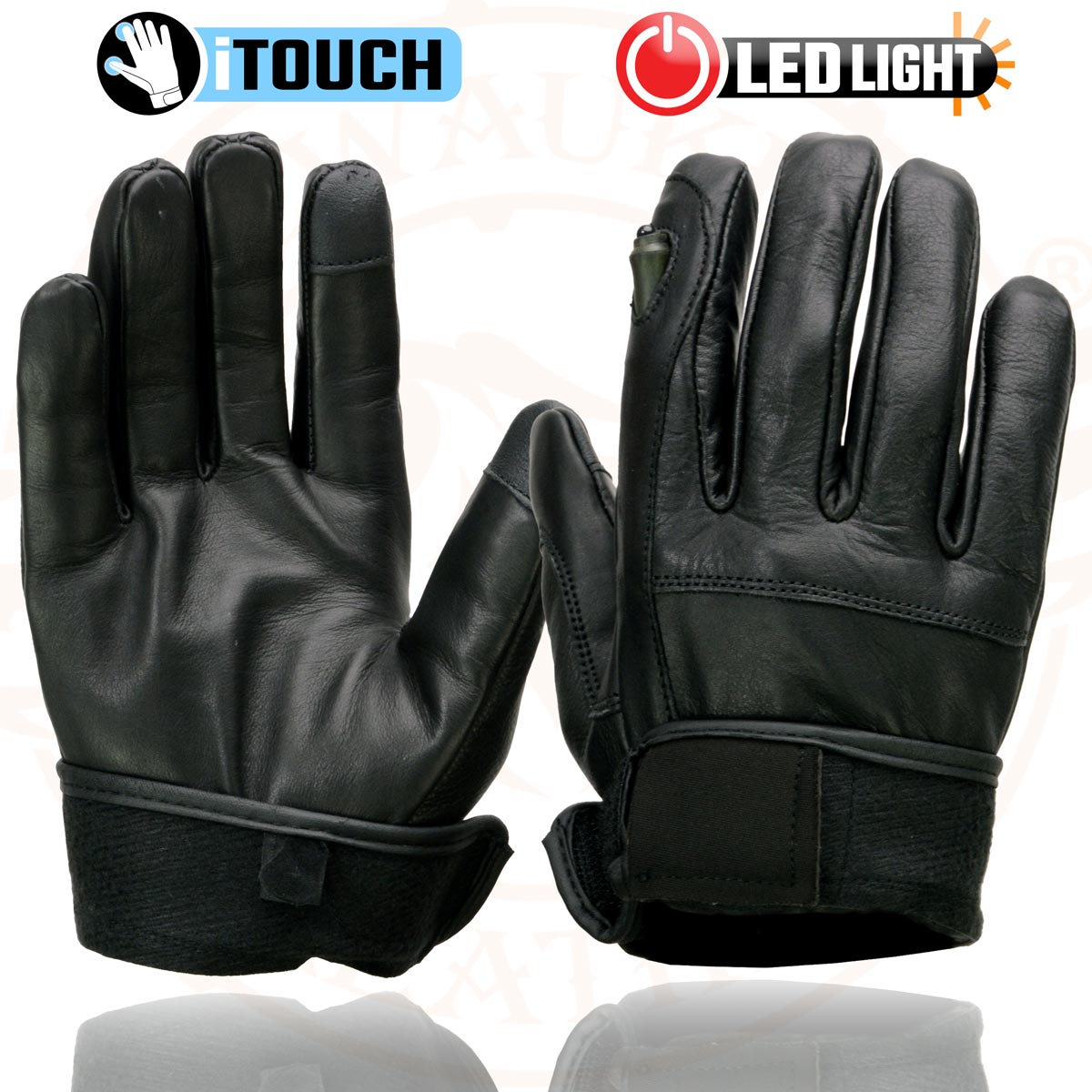 Milwaukee Leather MG7599 Men's Black Leather Motorcycle Gloves w/ i-Touch Screen and Led Finger Light