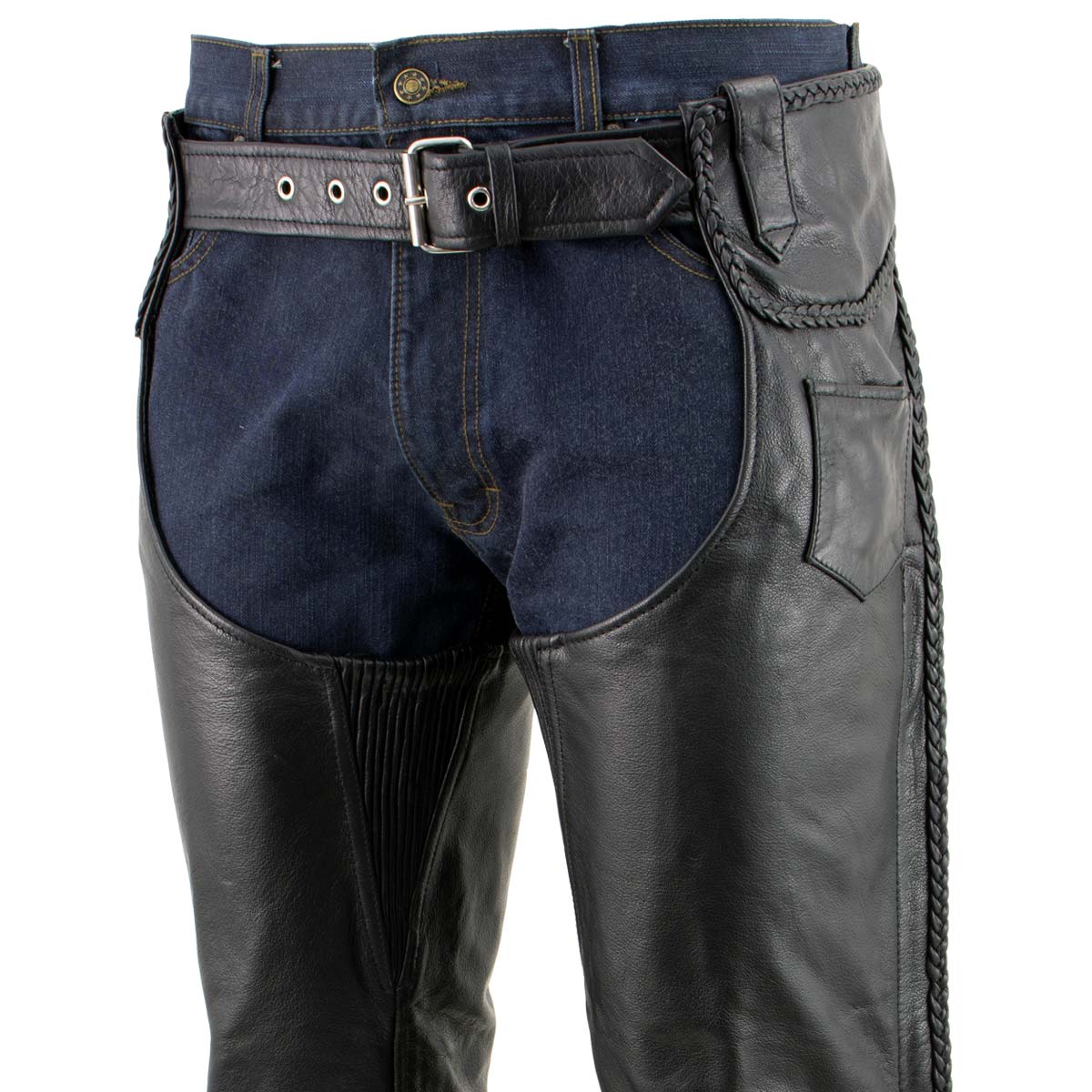 Milwaukee Leather LKM5724 Men's Black Braided Premium Leather Classic Fit Leather Chaps w/ Elastic Panel