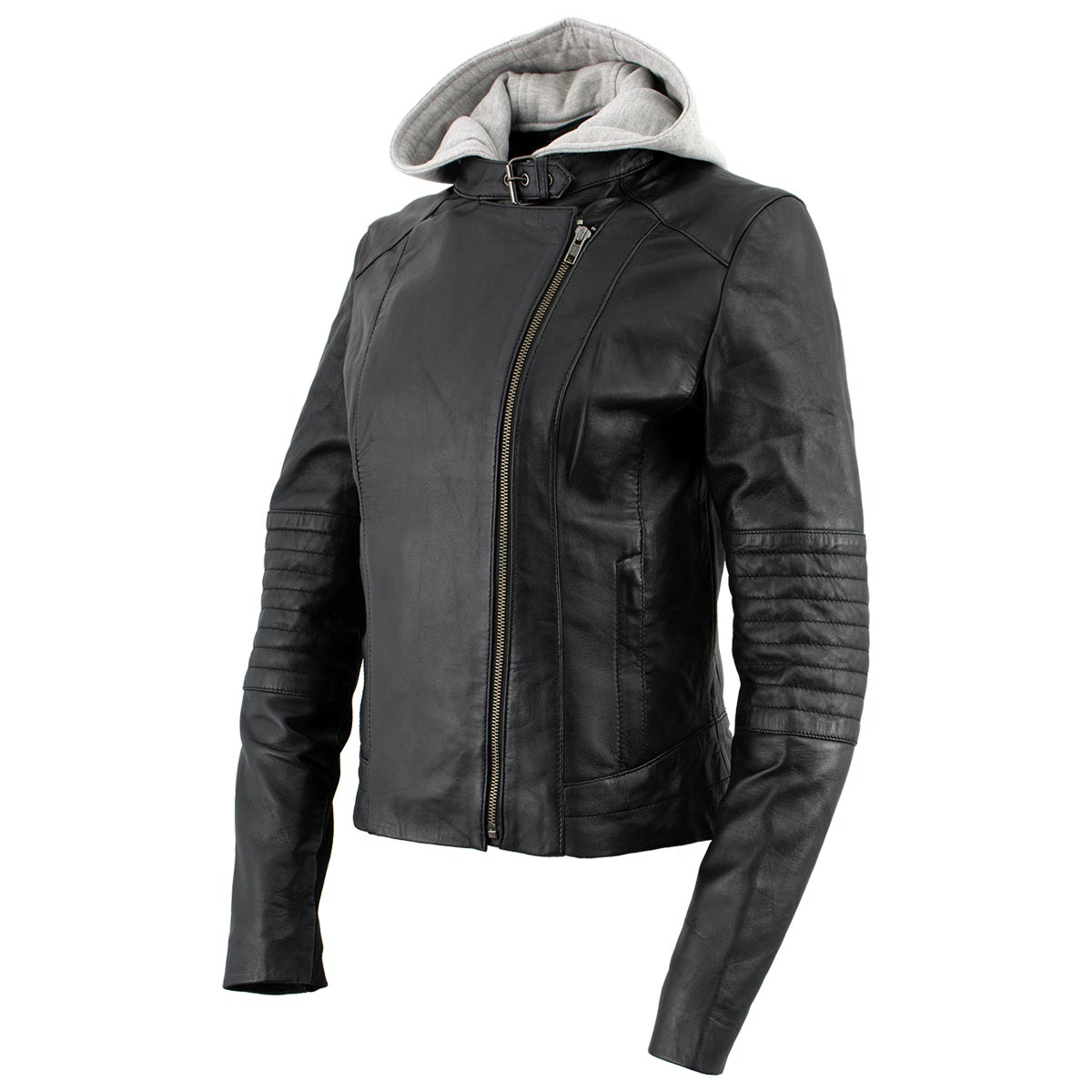 Xelement B91044 Women s Quilt Black Leather Motorcycle Biker Racer Style Scuba Jacket with Hoodie