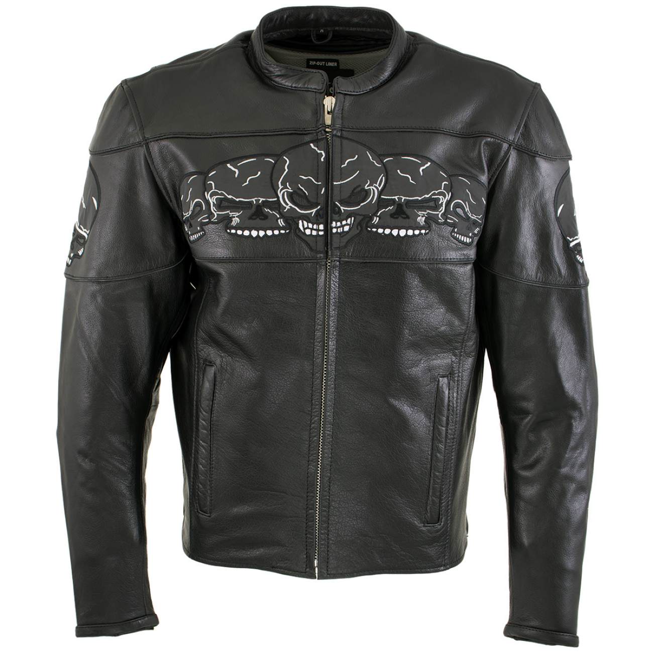 Milwaukee Leather LKM17011 Men's 3 Skull Head Premium Black Leather Motorcycle Jacket with CE Armor