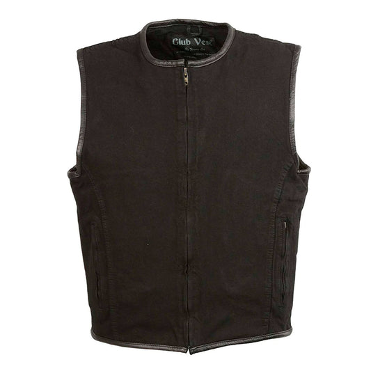 Club Vest CVM3038 Men's Black Denim Collarless Motorcycle Club Style Vest with Leather Trim