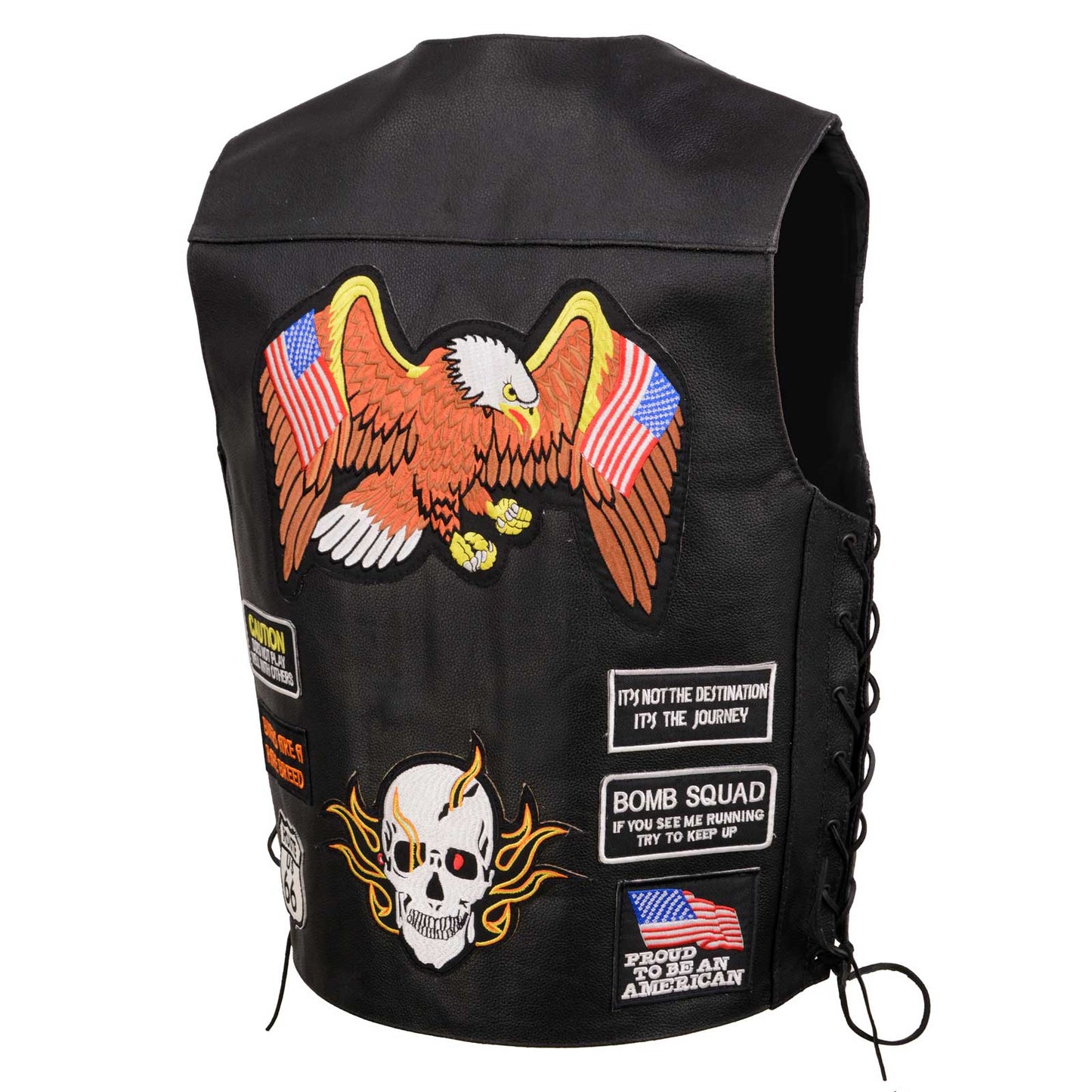 Event Leather ELM3920 Men's Black Leather Pre-Patched Bikers Vest w/ 6 Pockets - 23 Patches and Side Laces