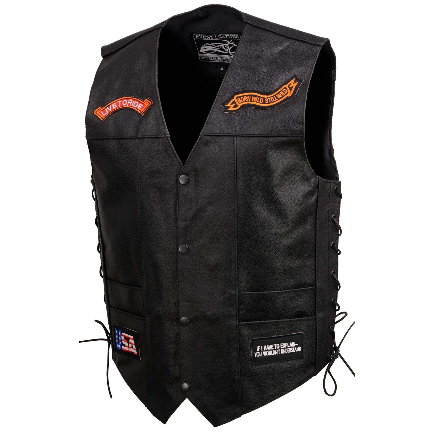 Event Leather ELM3930 Men’s Black Motorcycle Riders Leather Vest w/ 9 Patches and Adjustable Side Laces