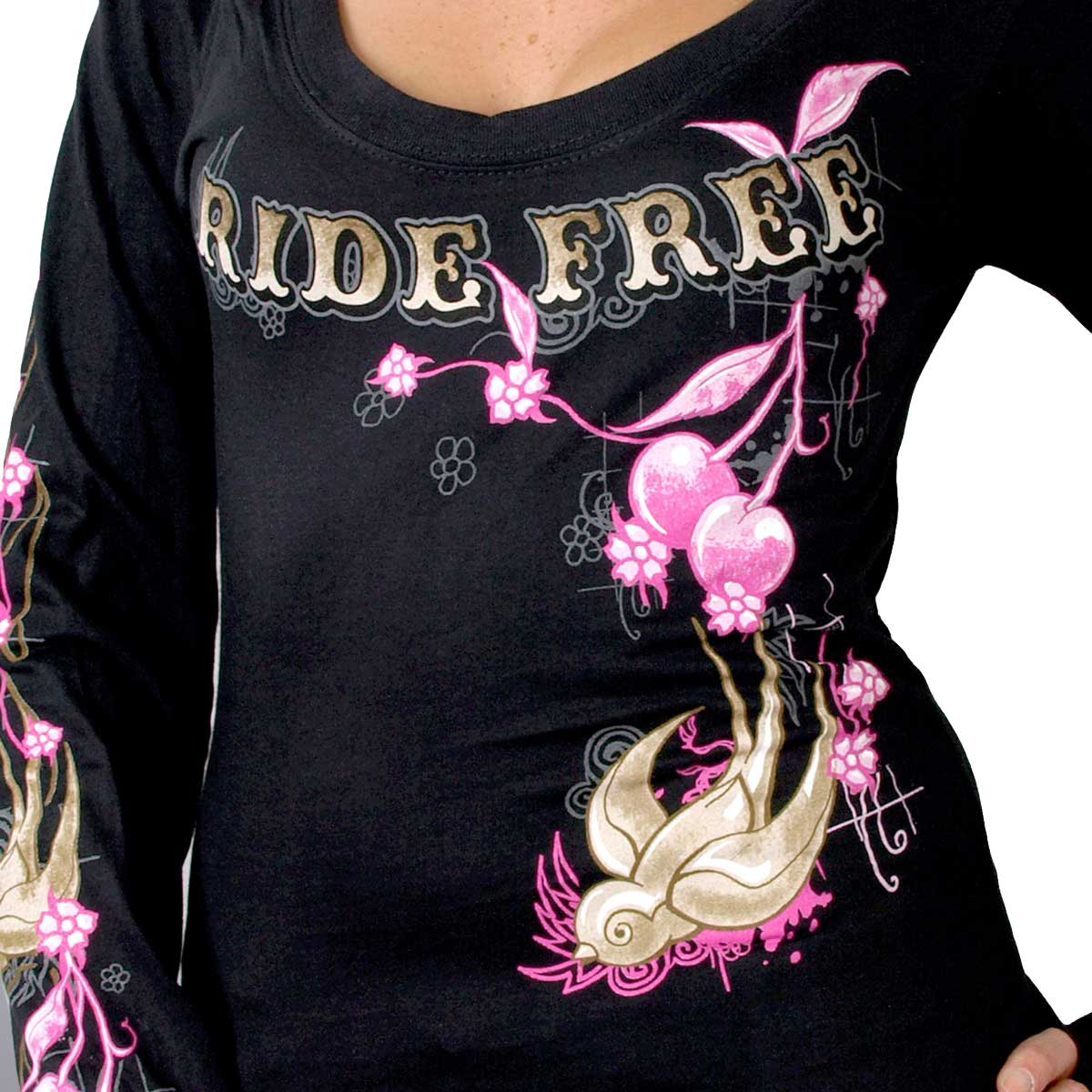 Milwaukee Leather MPMH117000 Women's Cherries Scoop Neck Black Long Sleeve T-Shirt