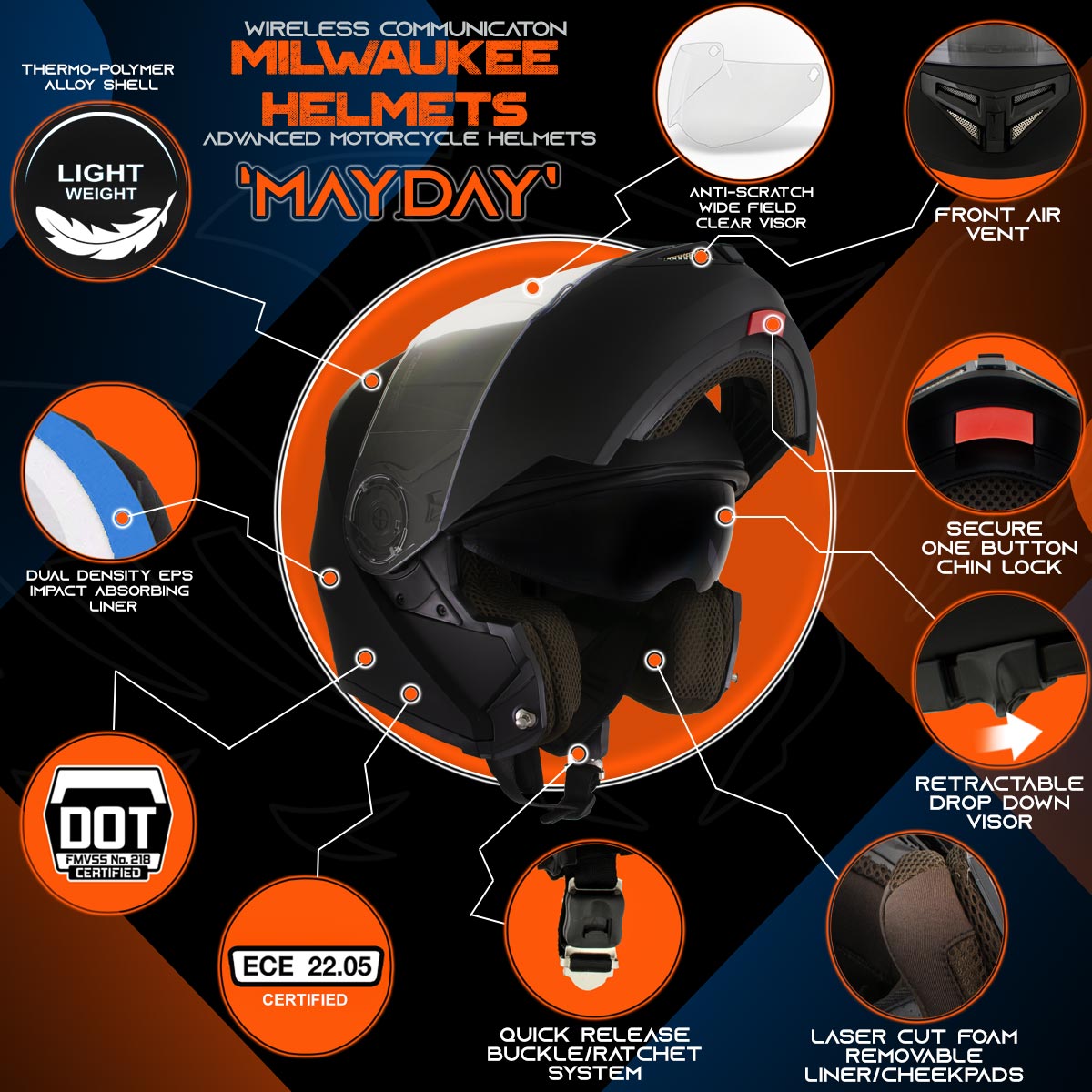 Milwaukee Helmets H7005 Flat Black Mayday Modular Full Face Wireless Motorcycle Helmet-Stream Music-Phone Calls