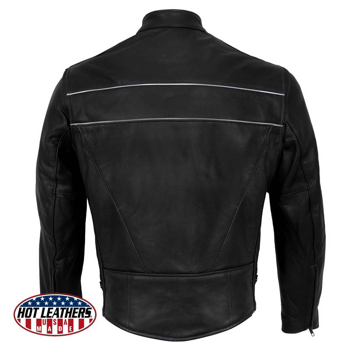Hot Leathers JKM5003 USA Made Men's Premium Black Leather Motorcycle Jacket with Reflective Piping