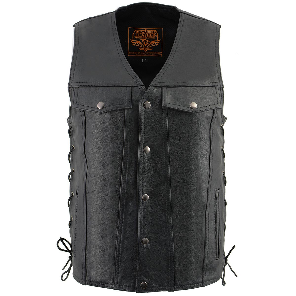 Milwaukee Leather LKM1360 Men's Classic Black Leather V-Neck Motorcycle Rider Vest w/ Adjustable Side Laces