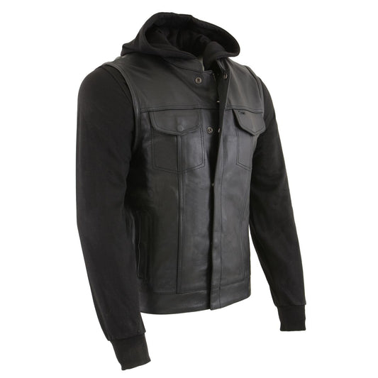 Milwaukee Leather LKM3714 Men's Black Leather Club Style Vest with Full Sleeve Hoodie and Quick Draw Pocket