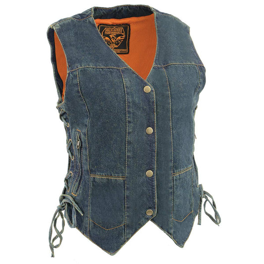 Milwaukee Leather MDL4020 Women's Classic Blue ‘6 Pocket’ Side Lace Denim Vest with Snap Buttons