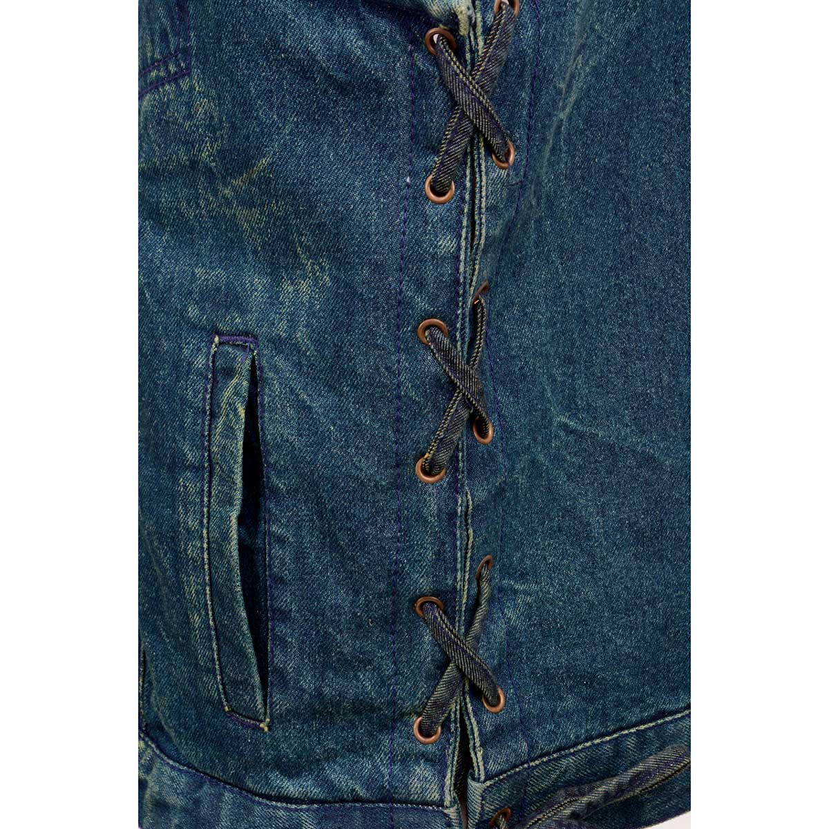 Milwaukee Leather MDM3013 Men's 'Brute' Concealed Snap Blue Denim V-Neck Side Lace Club Style Vest w/Hidden Zipper