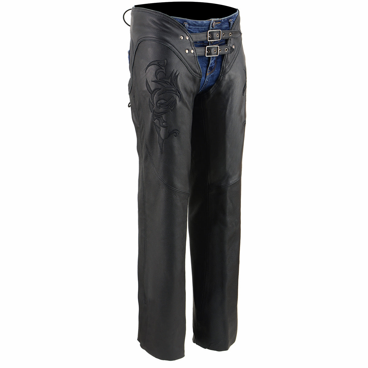 Milwaukee Leather ML1187 Ladies Black Leather Chaps with Reflective Tribal Embroidery