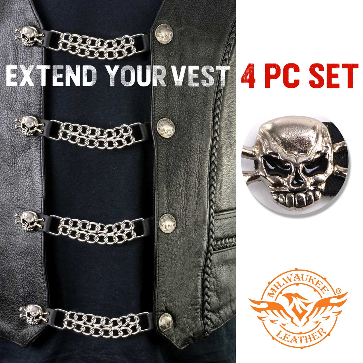 Milwaukee Leather MLA6041SET Skull and Cross Bones 4-PCS Vest Extender Double Chrome Chains w/ Genuine Leather 6" Extension