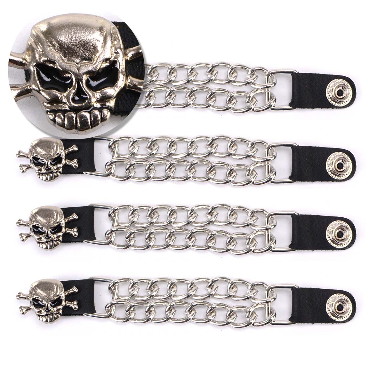Milwaukee Leather MLA6041SET Skull and Cross Bones 4-PCS Vest Extender Double Chrome Chains w/ Genuine Leather 6" Extension
