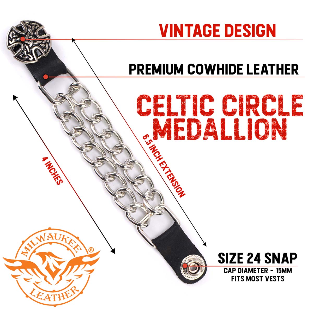 Milwaukee Leather MLA6024SET Celtic Circle 4-PCS Vest Extender Double Chrome Chains w/ Genuine Leather 4" Extension