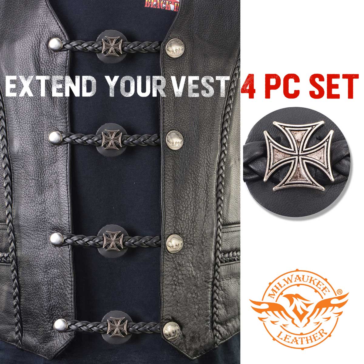 Milwaukee Leather MLA6063SET Iron Cross 4-PCS Vest Extender Double Chrome Chains w/ Genuine Braided Leather 4" Extension