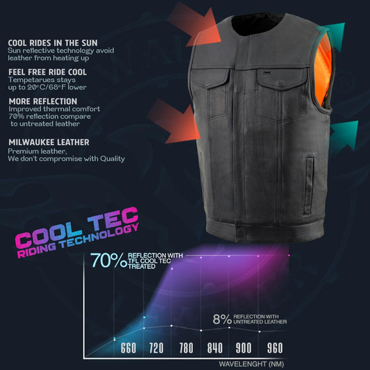 Milwaukee Leather Men's MLM3515 Black Premium Collarless Club Style Motorcycle Vest w/ Cool-Tec Leather Treatment