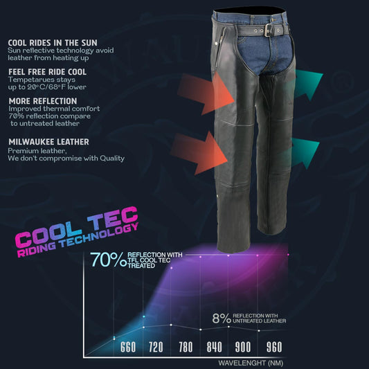 Milwaukee Leather MLM5505 Men's Removal Thermal Lined Black Premium Leather Motorcycle Chaps w/ Cool-Tec Leather