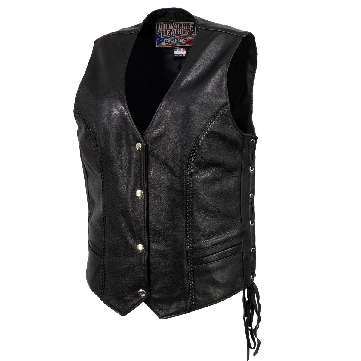 Milwaukee Leather USA MADE MLVSL5001 Women's Black Vivacious Braided Motorcycle Leather Vest