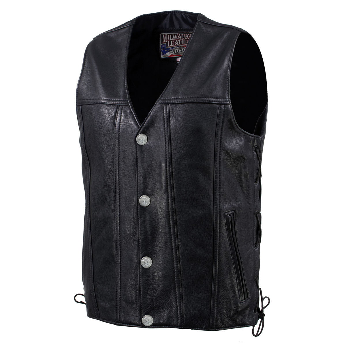 Milwaukee Leather USA MADE MLVSM5005 Men's Black Road Whip Premium Motorcycle Leather Vest with Buffalo Snap Buttons
