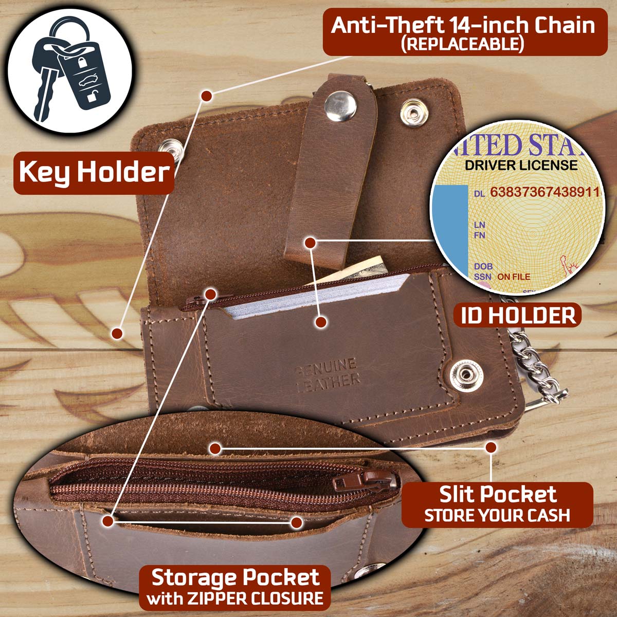 Milwaukee Leather MLW7817 Men's 8” Distress Brown Leather Bi-Fold Biker Wallet w/ Anti-Theft Stainless Steel Chain