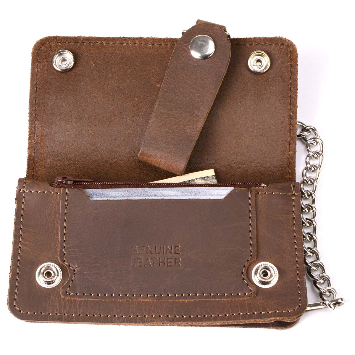 Milwaukee Leather MLW7817 Men's 8” Distress Brown Leather Bi-Fold Biker Wallet w/ Anti-Theft Stainless Steel Chain