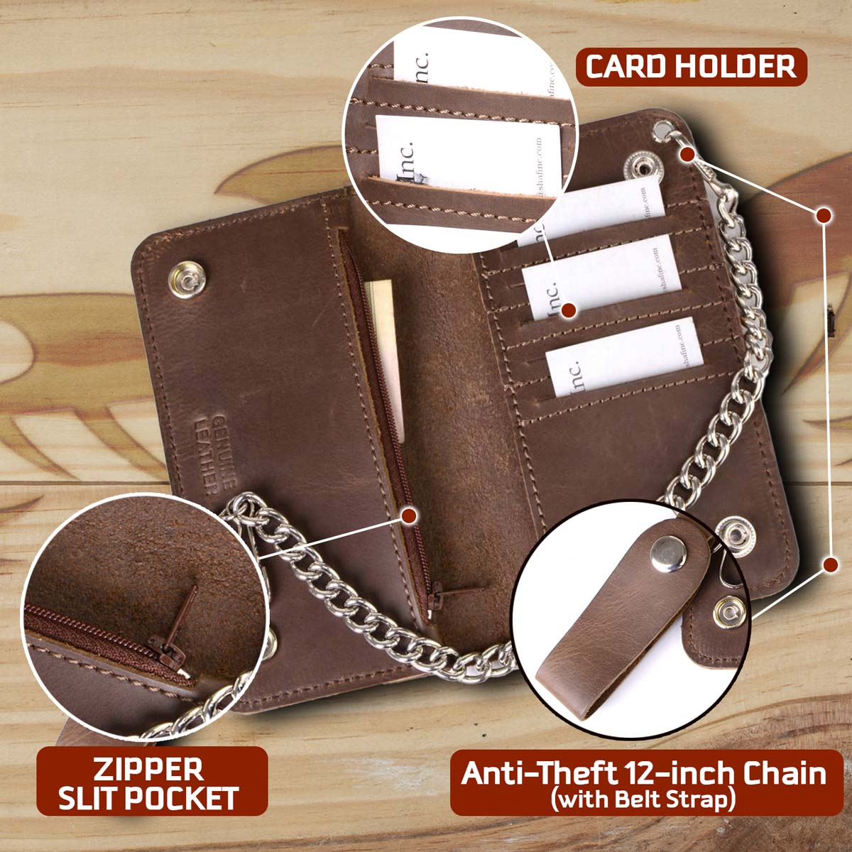 Milwaukee Leather MLW7887 Men's 6.75” Distress Brown Leather Bi-Fold Biker Wallet w/ Anti-Theft Stainless Steel Chain