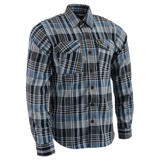 Milwaukee Leather MNG11626 Men's Flannel Plaid Black and White with Blue Long Sleeve Cotton Button Down Shirt