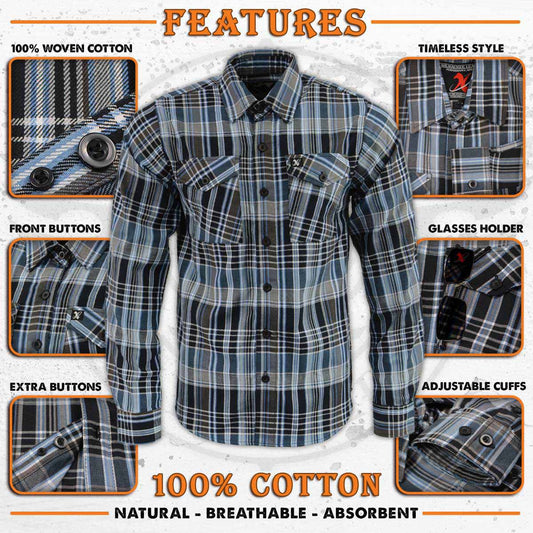 Milwaukee Leather MNG11626 Men's Flannel Plaid Black and White with Blue Long Sleeve Cotton Button Down Shirt