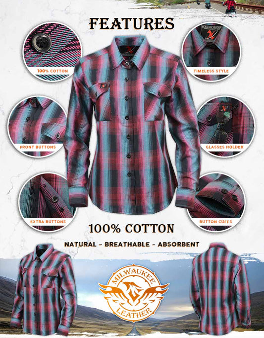 Milwaukee Leather MNG21612 Women's Black and Pink with Blue Long Sleeve Cotton Flannel Shirt