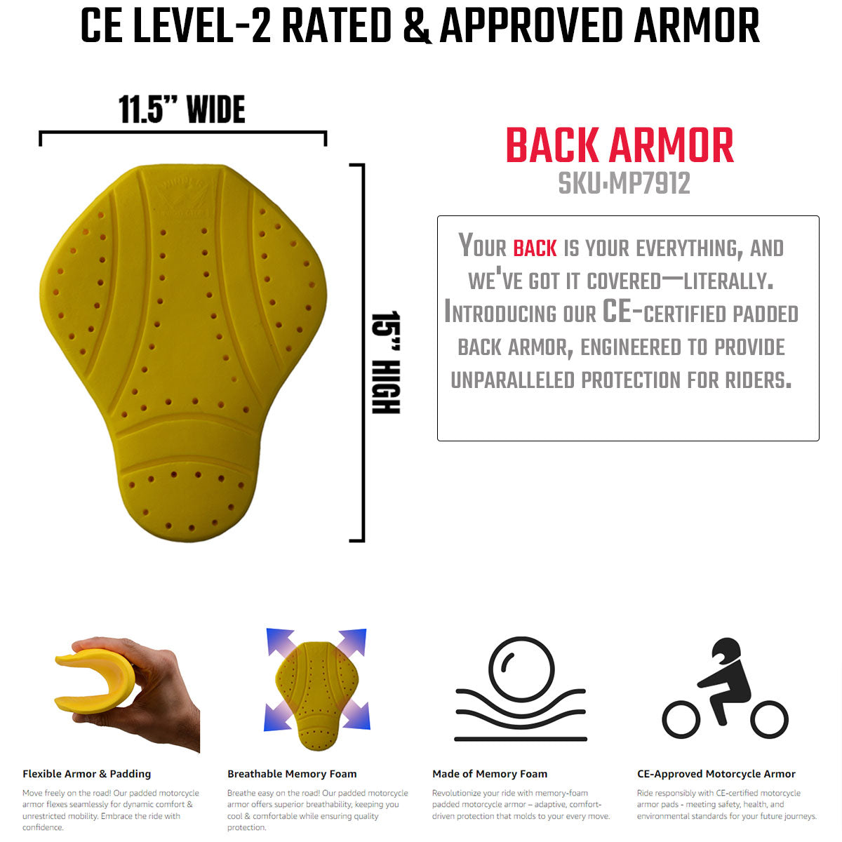 Milwaukee Leather MP7912 CE-Approved Motorcycle Armor for BACK | Replacement Armor for Motorcycle Jackets