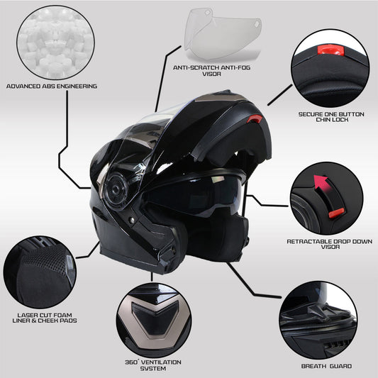 Milwaukee Helmets MPH9806DOT Ionized Gloss Black Advanced Motorcycle Modular Helmet Biker w/ Drop Down Visor