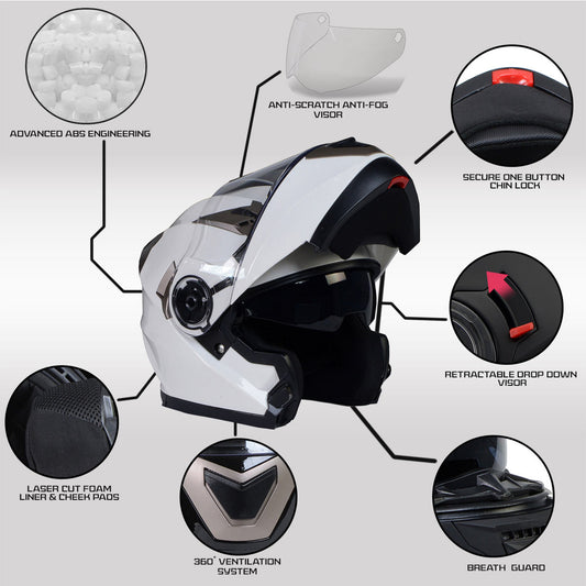 Milwaukee Helmets MPH9807DOT Ionized Gloss White Advanced Motorcycle Modular Helmet Biker w/ Drop Down Visor
