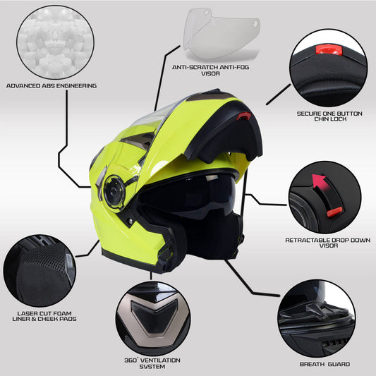 Milwaukee Helmets MPH9809DOT Ionized Neon Yellow Advanced Motorcycle Modular Helmet Biker w/ Drop Down Visor