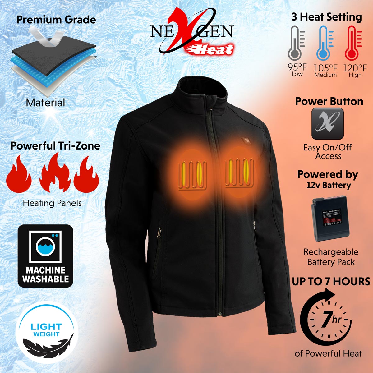 Nexgen Heat MPL2760SET12v Women's Black Soft Shell Jacket with Heating Panels for Winter Outdoor Activities