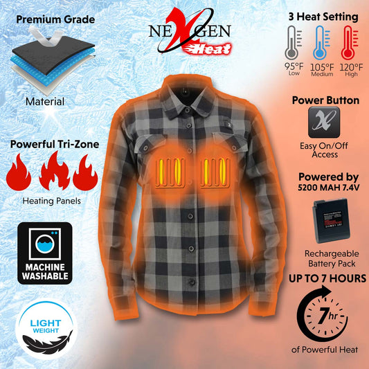 Nexgen Heat Women's NXL2601SET Bonnie Black/Grey Heated Flannel Shirt -for Winter Cold Weather Riding Outdoor Activities