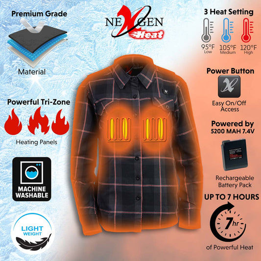 NexGen Heat Women’s NXL2602SET Bonnie Black/Grey Heated Flannel Sleeve Shirt for Outdoor Activities