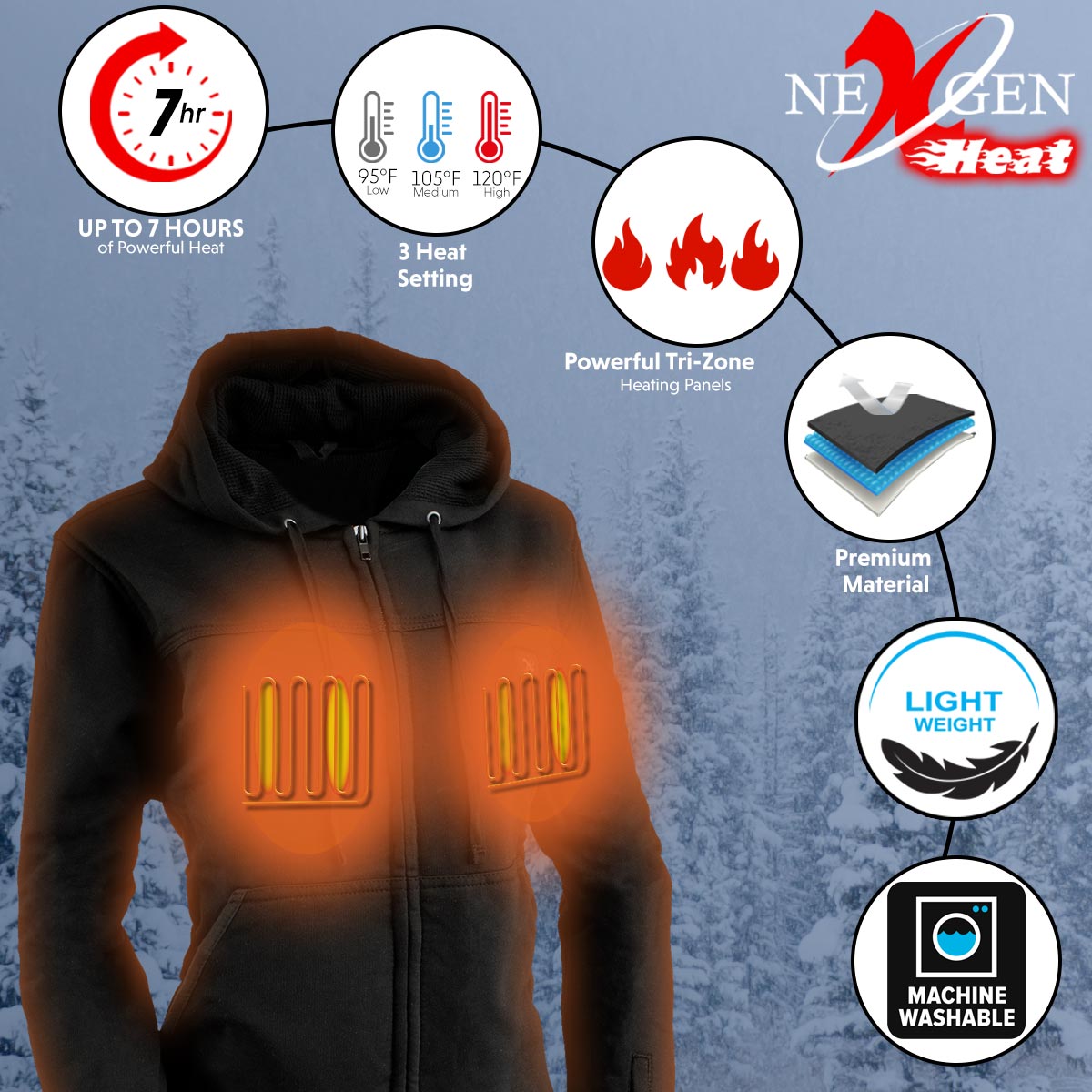 Nexgen Heat MPL2717DUAL Technology Women's Heated Hoodie - Black Sweatshirt Jacket for Winter Season