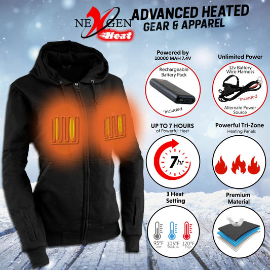 Nexgen Heat MPL2717DUAL Technology Women's Heated Hoodie - Black Sweatshirt Jacket for Winter Season
