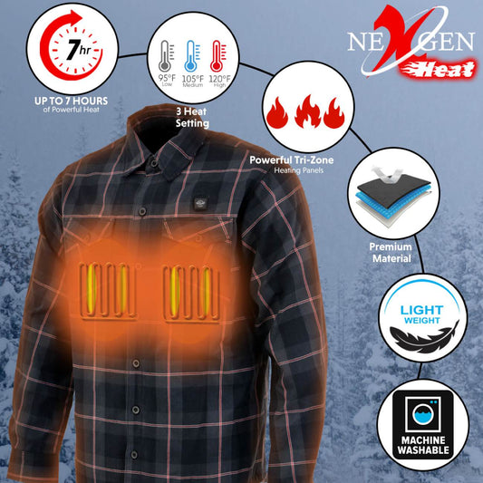 NexGen Heat Men's NXM1602SET Riffraff Black/Grey/Red Heated Flannel Sleeve Shirt for Outdoor Activities
