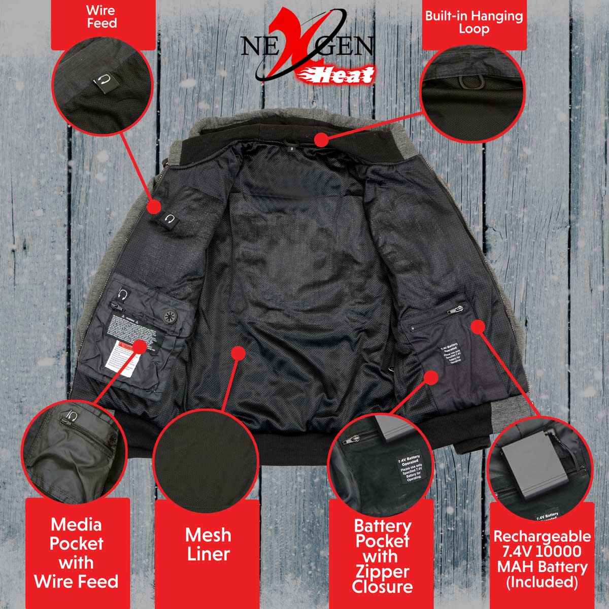 Nexgen Heat Men’s Black Heated Hoodie Jacket – Winter Motorcycle Riding Gear for Cold Outdoors MPM1713SET