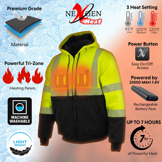 Nexgen Heat NXM1773SET Men's Heated Neon Green High Visibility Work Hoodie - for Outdoor Winter Cold Weather Activities