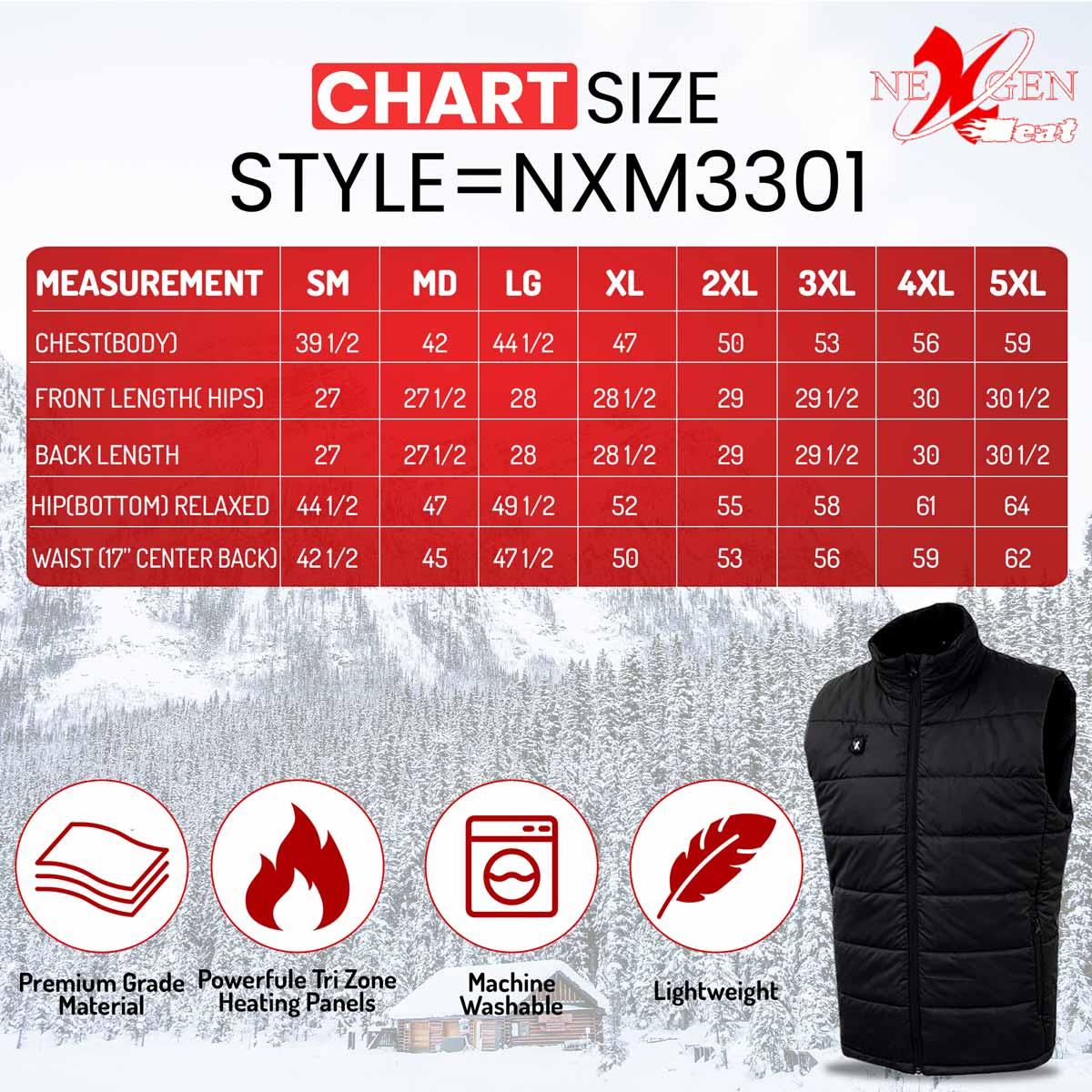 Nexgen Heat Men's NXM3301SET Puffer Black Heated Winter Vest - for Outdoor Winter Cold Weather Activities