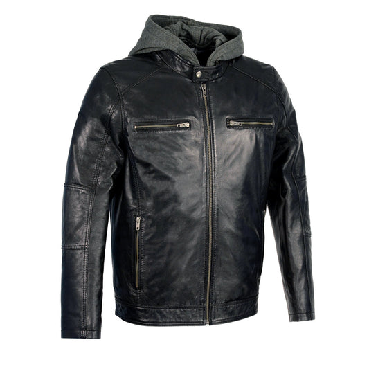 Milwaukee Leather SFM1850 Men's Black Leather Snap Collar Moto Jacket with Removable Hoodie